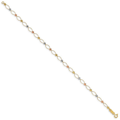 14K Tri-color Oval Link with Mirror Beads 7 inch Bracelet