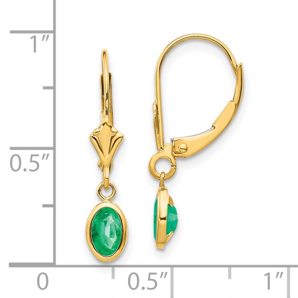 14k Yellow Gold 6x4 Oval Bezel May/Emerald Dangle Earrings Leverback