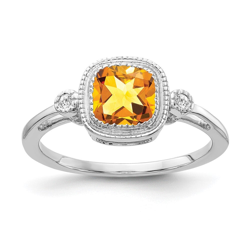 14k White Gold Cushion Citrine and Diamond Ring Size 7