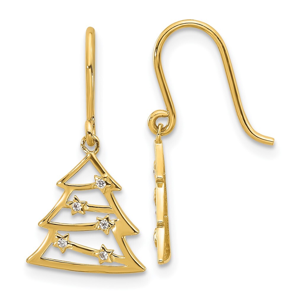 14k Yellow Gold Polished Cubic Zirconia Christmas Tree Dangle Earrings