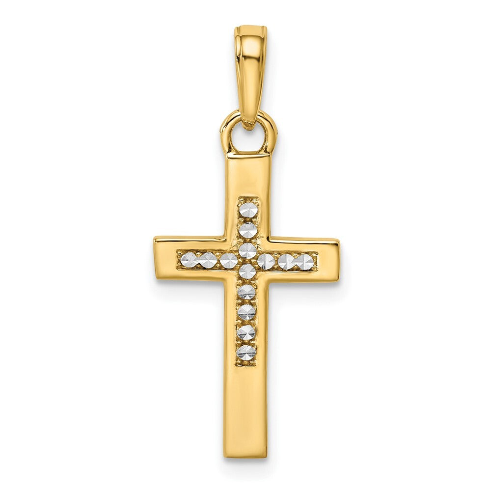 14k Yellow Gold Rhodium Diamond-cut Cross Pendant