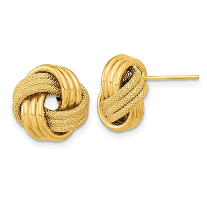 14k Yellow Gold Polished Textured Triple Love Knot Stud Earrings Gift for Women
