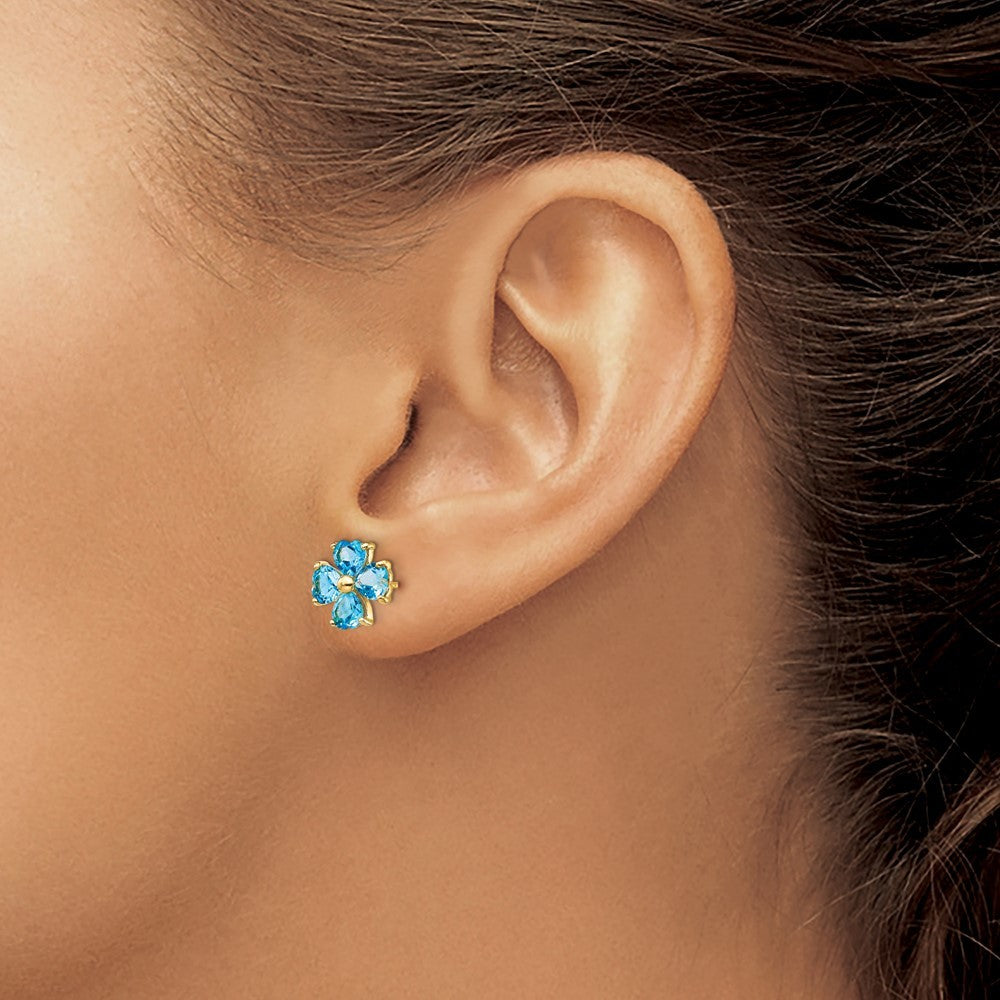 14k Yellow Gold Heart-shaped Swiss Blue Topaz Flower Post Earrings