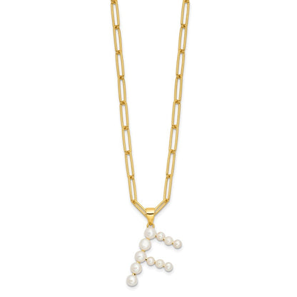 Sterling Silver 3-5.5mm White Button Cultured Pearl LETTER F Necklace 18"