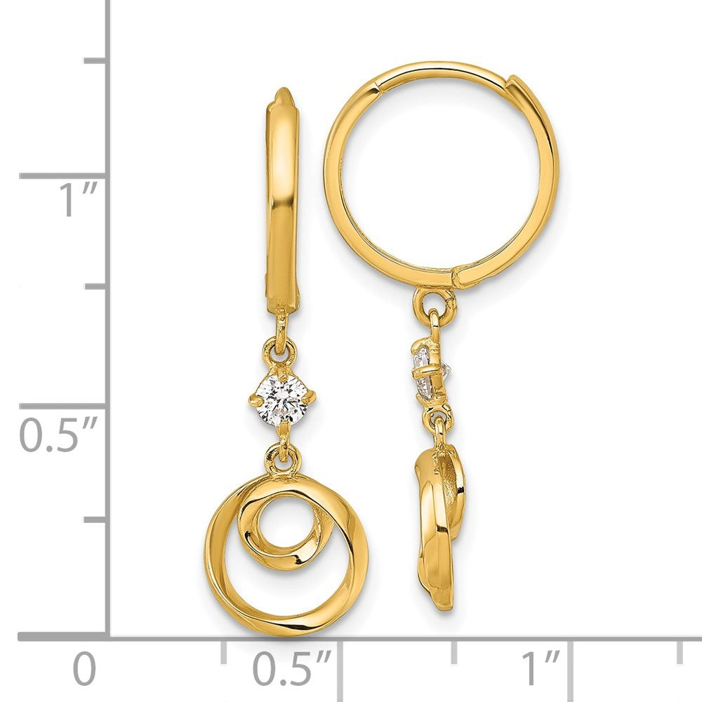 14k Yellow Gold Polished and Twisted Dangling Circle CZ Hinged Hoop Earrings