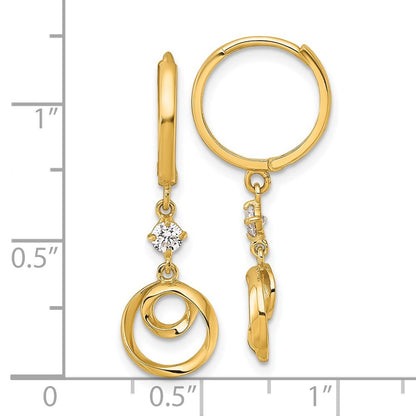 14k Yellow Gold Polished and Twisted Dangling Circle CZ Hinged Hoop Earrings
