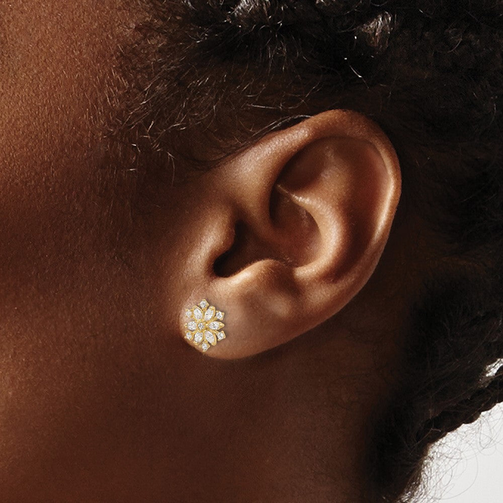 14k Yellow Gold Polished Cubic Zirconia Snowflake Stud Earrings Gift for Women