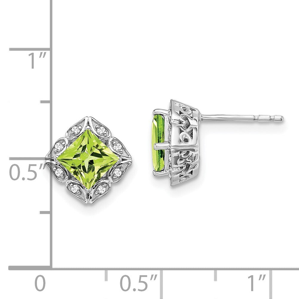 14k White Gold Square Peridot and Diamond Stud Earrings