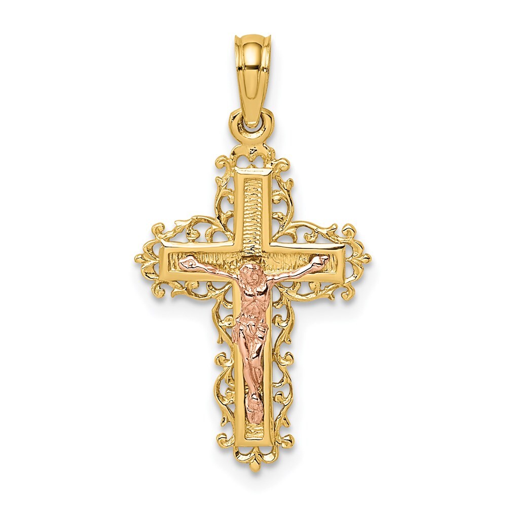 14k Two-tone Gold Crucifix  Lace Trim Charm Pendant for Women
