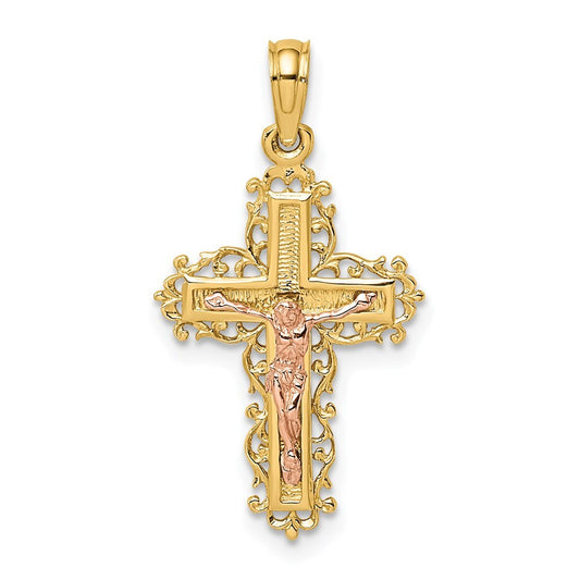 14k Two-tone Gold Crucifix  Lace Trim Charm Pendant for Women