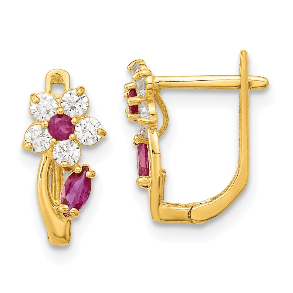 14k Yellow Gold Red & Clear Cubic Zirconia Flower Hinged Stud Earrings