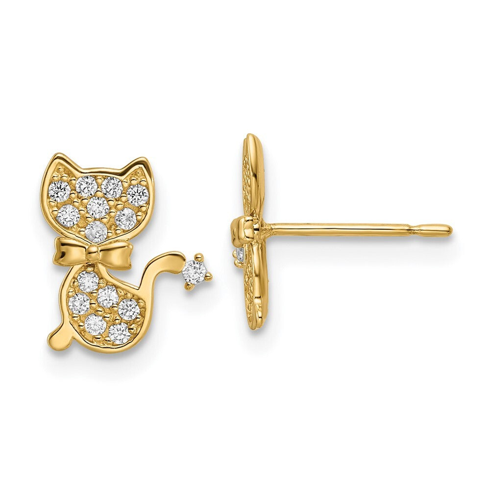 14k Yellow Gold Cubic Zirconia Cat Stud Earrings Gift for Women