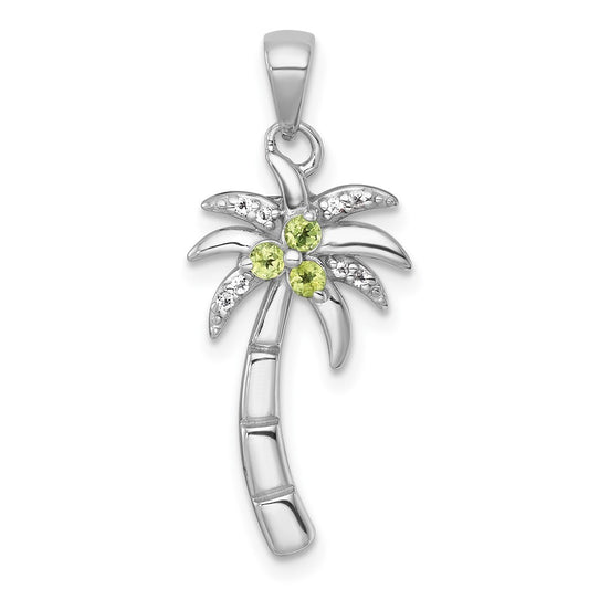 Sterling Silver Polished and Grooved Peridot and White Topaz Palm Tree Pendant