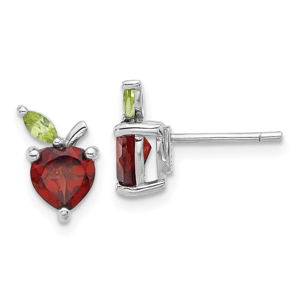 Sterling Silver Rhodium-plated Garnet and Peridot Apple Earrings