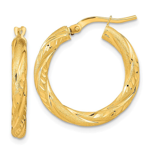 14k Yellow Gold 3mm Polished & Satin Diamond-Cut Hoop Earrings