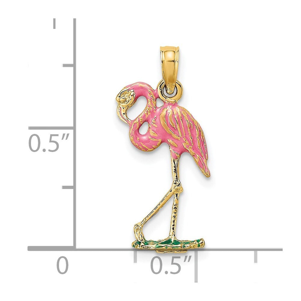 14k Yellow Gold 3-D Pink Enamel Flamingo Charm Pendant for Women