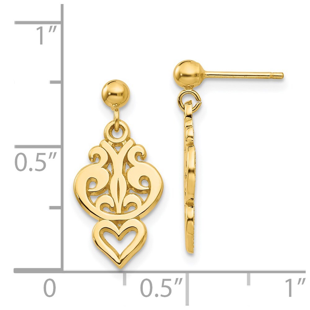 14k Yellow Gold Polished Filigree Fancy Heart Dangle Earrings Gift for Women