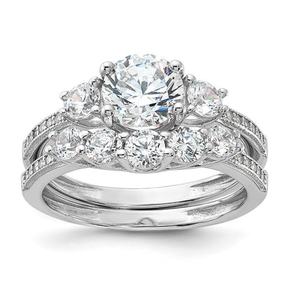 Sterling Silver Rhodium-plated CZ Engagement Ring and Band Ring Set
