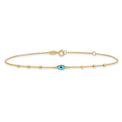 14k Yellow Gold Diamond-cut Bead Stations Blue Glass Evil Eye 10" Anklet