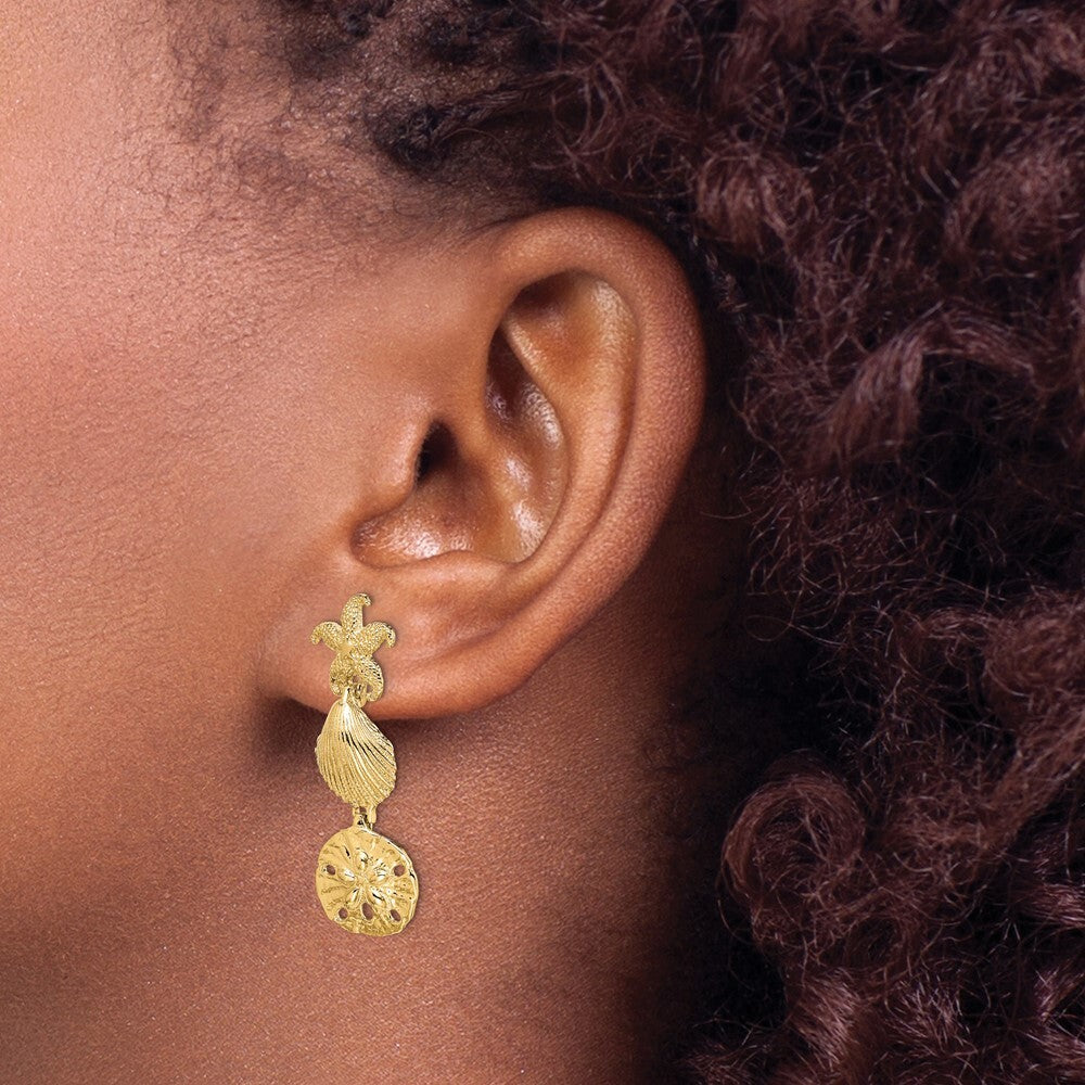 14k Yellow Gold Starfish, Shell ,Sand Dollar Dangle Earrings