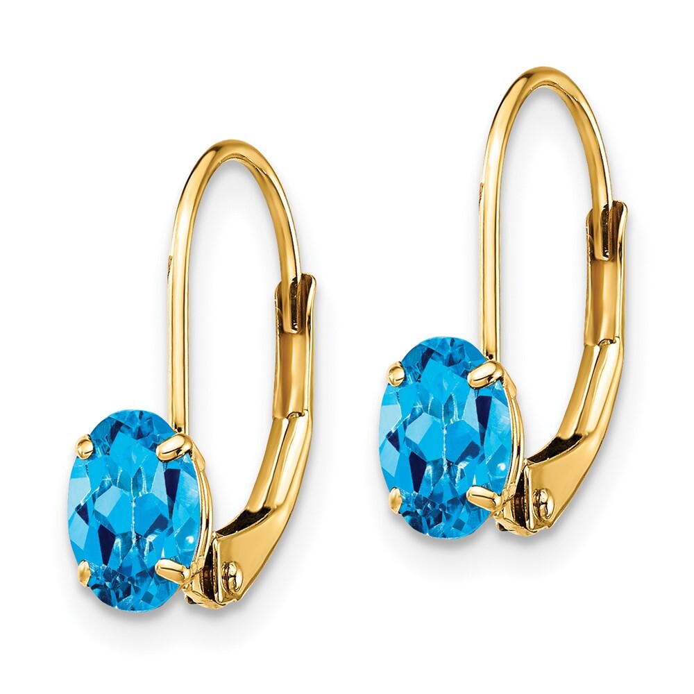 14k Yellow Gold 6x4mm Oval Blue Topaz Dangle Earrings Leverback Gift for Women