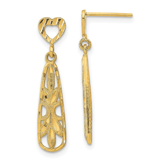14k Yellow Gold Diamond-Cut Teardrop Heart Dangle Earrings