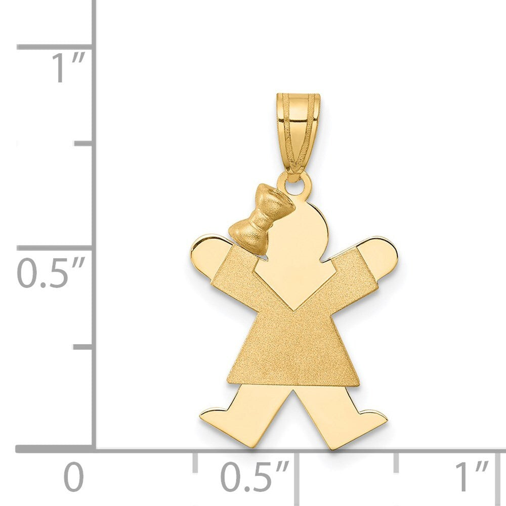 14k Yellow Gold Solid Engravable Girl with Bow on Left Charm Pendant for Women