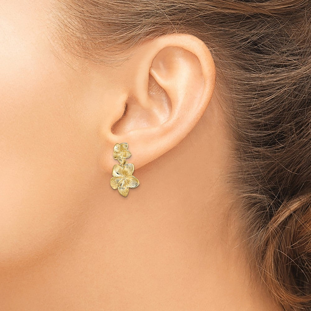14k Yellow Gold Double Plumeria Flower Dangle Earrings
