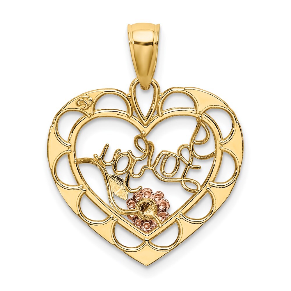 14k Two-tone Gold Two-one White Rhodium I LOVE YOU Heart  Flower Charm Pendant
