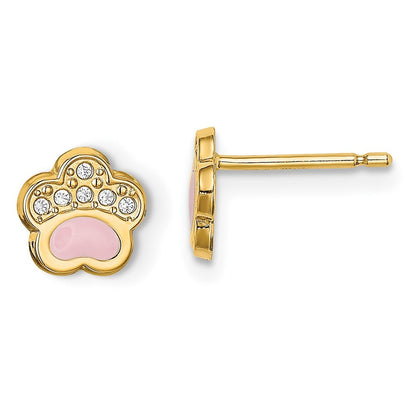 14k Yellow Gold CZ Pink Enamel Paw Earrings