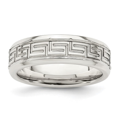 Sterling Silver 6mm Polished Flat Greek Key Beveled Edge Band Ring Size 9
