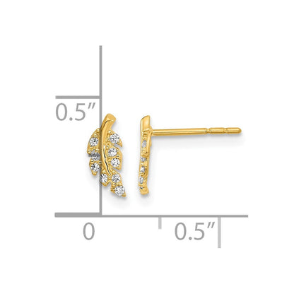 14k Yellow Gold Polished Leaf Cubic Zirconia Stud Earrings Gift for Women