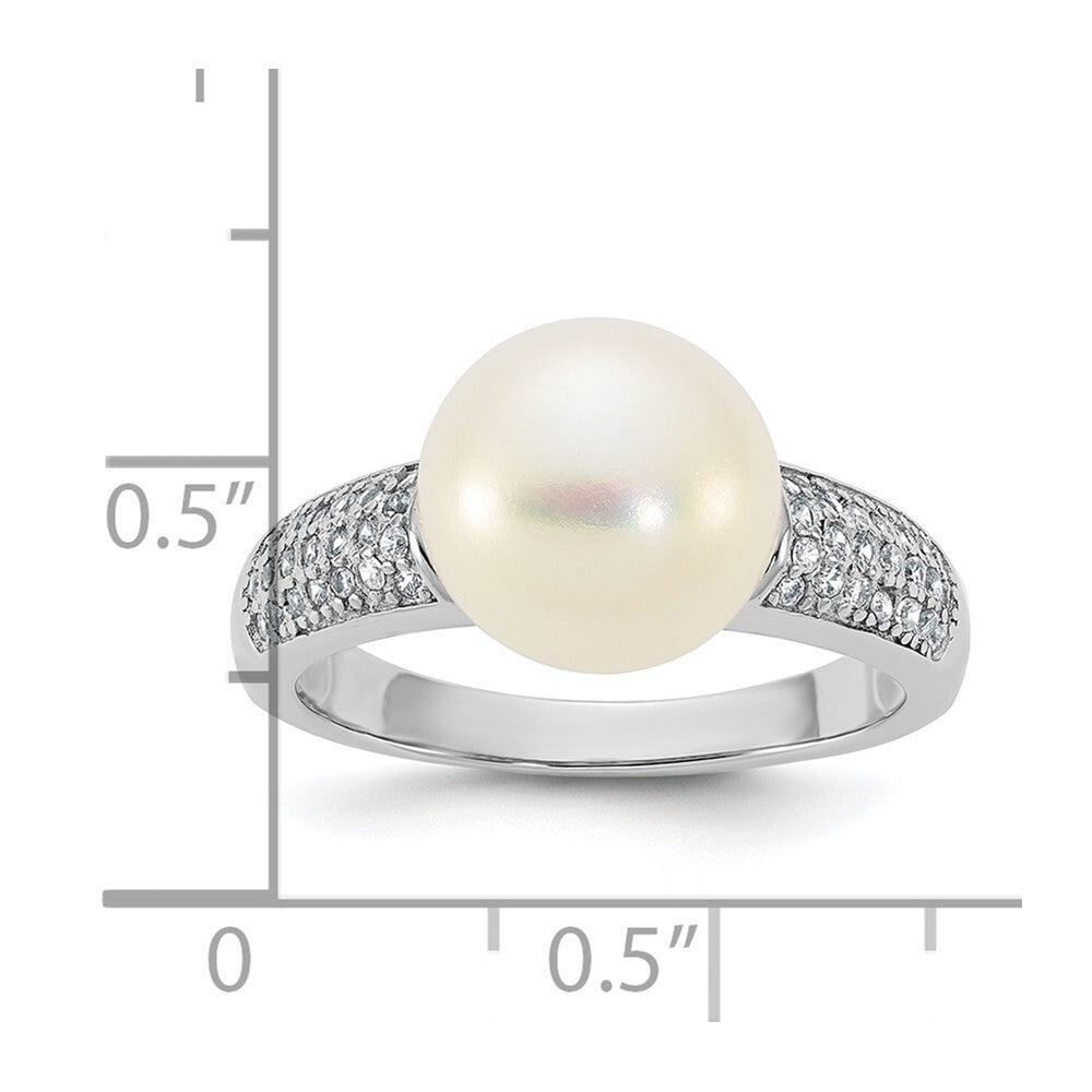Sterling Silver 9-10mm White Button Freshwater Cultured Pearl and CZ Ring Size 7