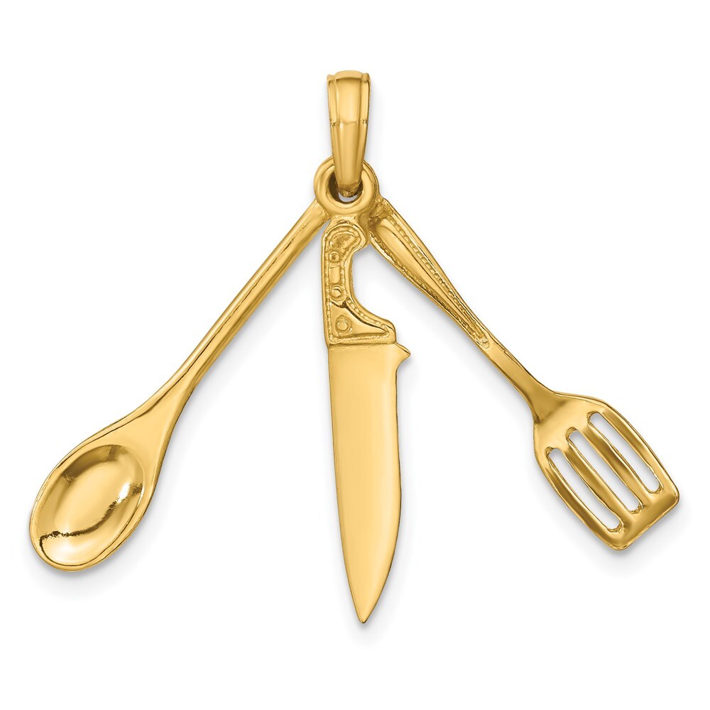 14k Yellow Gold 3-D Moveable Spatula, Spoon, and Knife Charm Pendant for Women