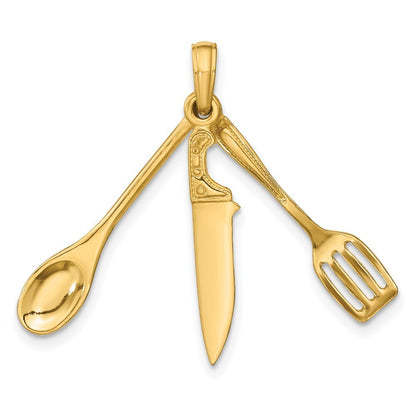 14k Yellow Gold 3-D Moveable Spatula, Spoon, and Knife Charm Pendant for Women