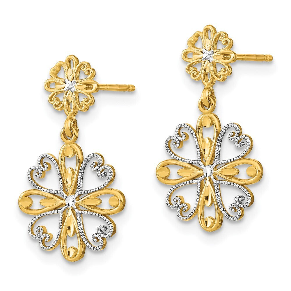 14k Yellow Gold Rhodium Beaded Heart Petal Floral Dangle Earrings