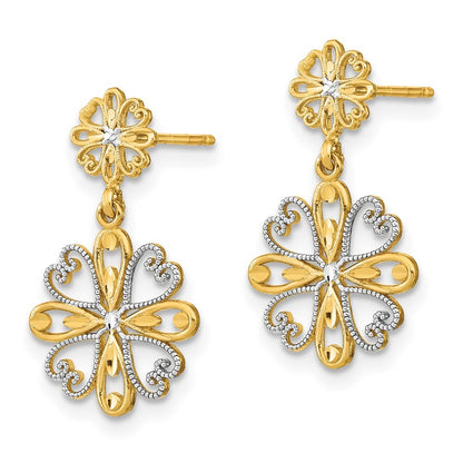 14k Yellow Gold Rhodium Beaded Heart Petal Floral Dangle Earrings