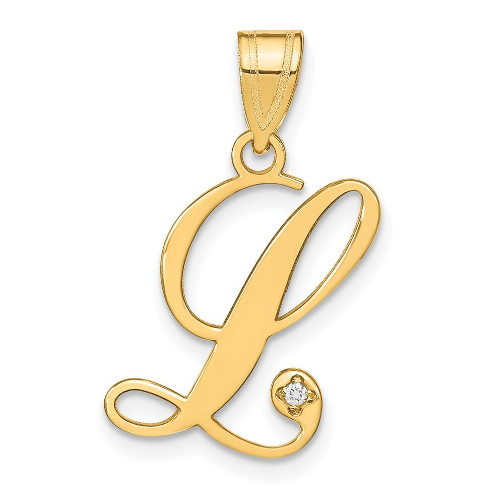 14k Yellow Gold Script Letter L Initial Pendant with Diamond for Women