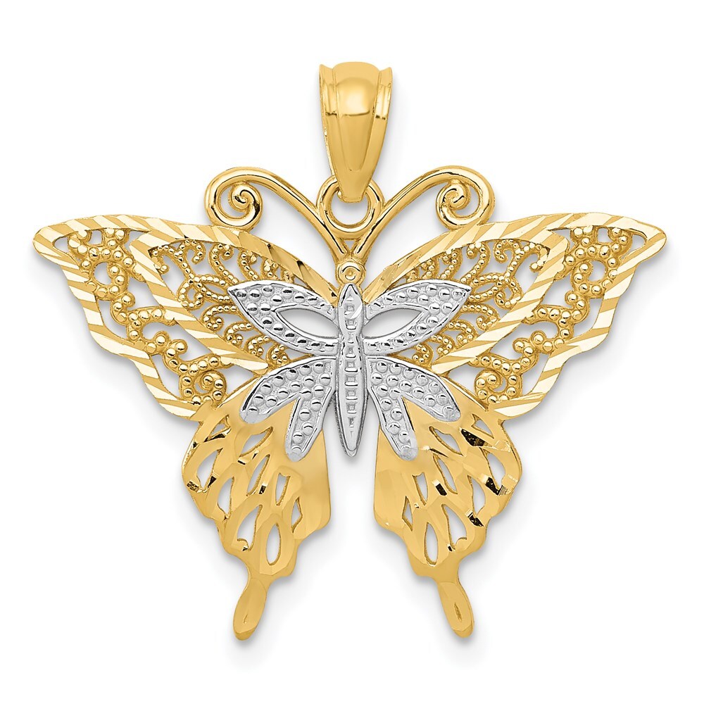 14k Yellow Gold Rhodium Fancy Butterfly Pendant for Women