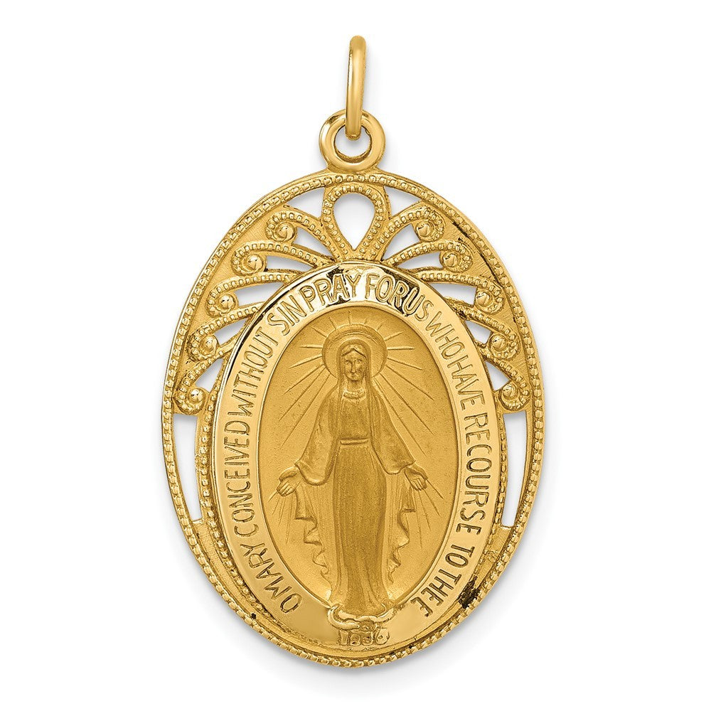 14k Yellow Gold Polished and Satin Miraculous Medal in Frame Oval Pendant