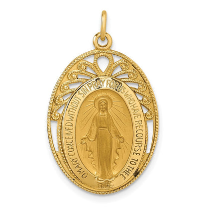 14k Yellow Gold Polished and Satin Miraculous Medal in Frame Oval Pendant