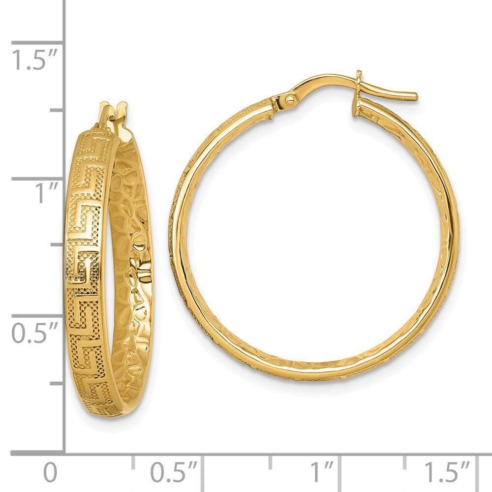 14k Yellow Gold Polished Textured Greek Key Textured Inside Hinged Hoop Earrings