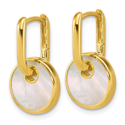 Sterling Silver Gold-plated  Mother of Pearl Circle Drop Hinged Hoop Earrings
