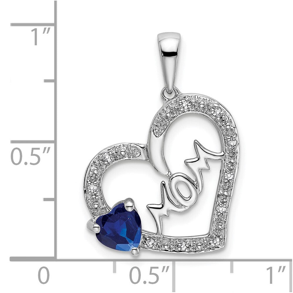 14k White Gold Sapphire and Diamond MOM Heart Pendant for Women