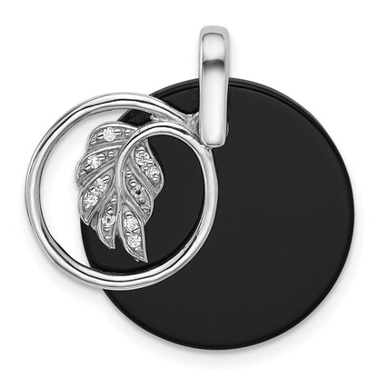 Sterling Silver Polished Onyx Circle and Cubic Zirconia Leaf Dangle Pendant