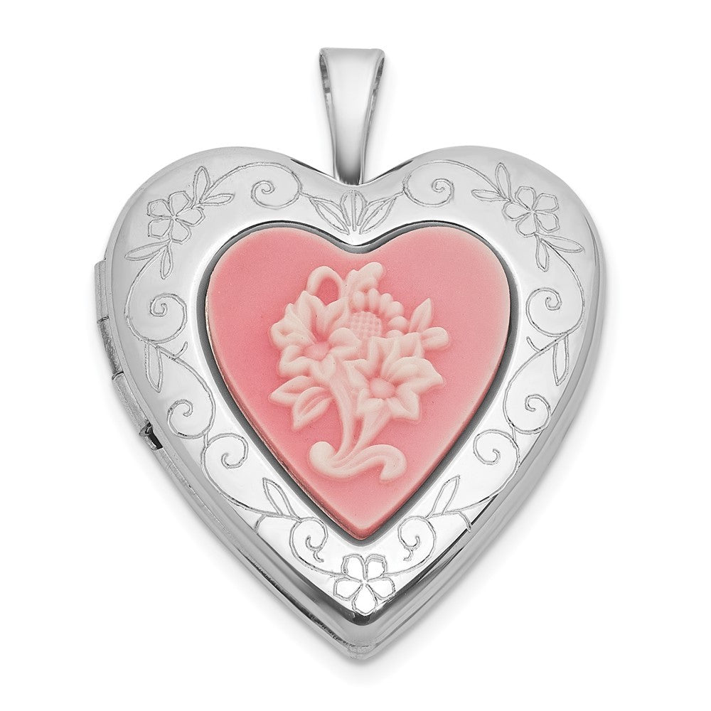 Sterling Silver Front Brushed Back Pink Flowers Resin Cameo 20mm Heart Locket