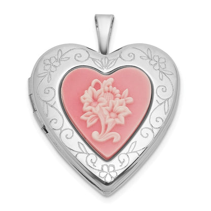 Sterling Silver Front Brushed Back Pink Flowers Resin Cameo 20mm Heart Locket