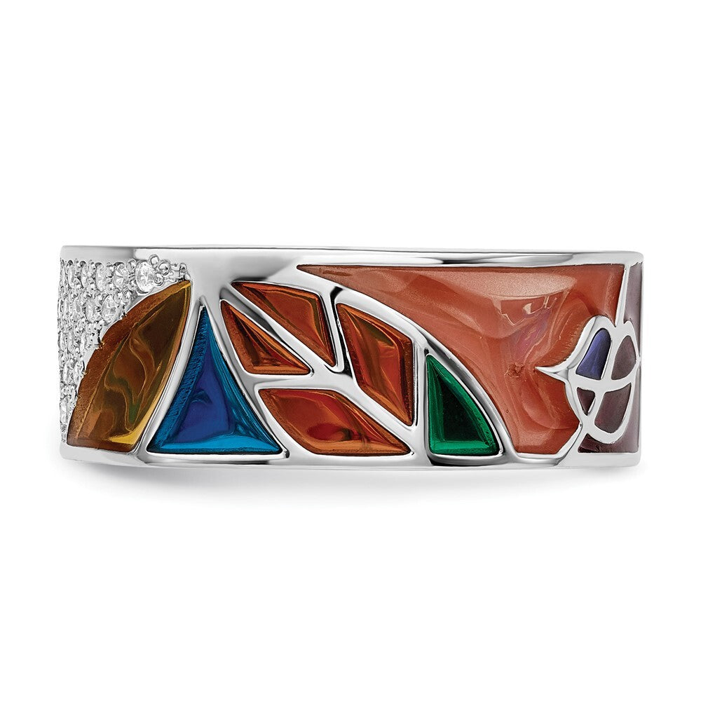Sterling Silver Abstract Multi-color Enamel & Cubic Zirconia Cuff Ring SZ 6