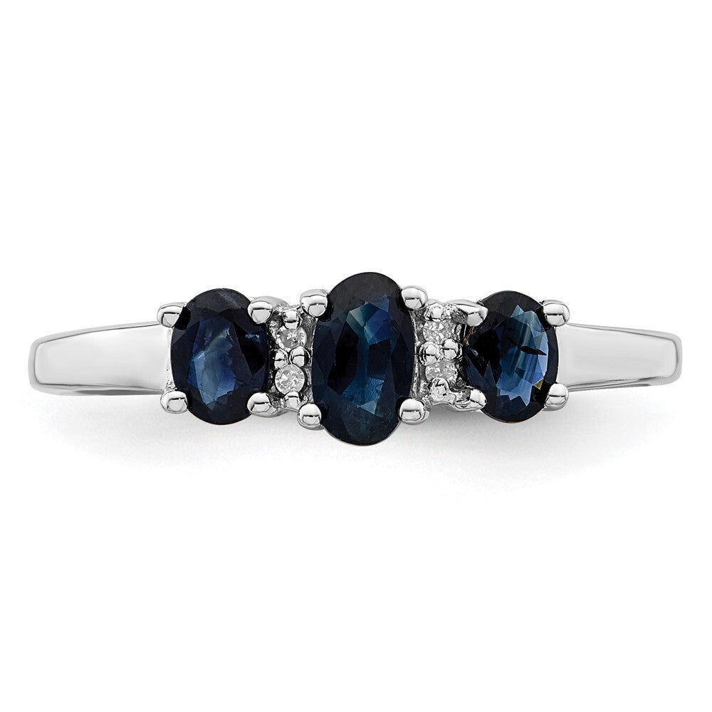 Sterling Silver Rhodium 3 Oval Sapphire & Diamond Ring Size 7
