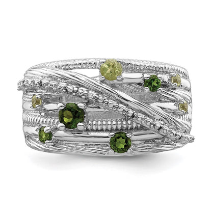 Sterling Silver Rhodium-plated Chrome Diopside and Peridot Ring Size 7